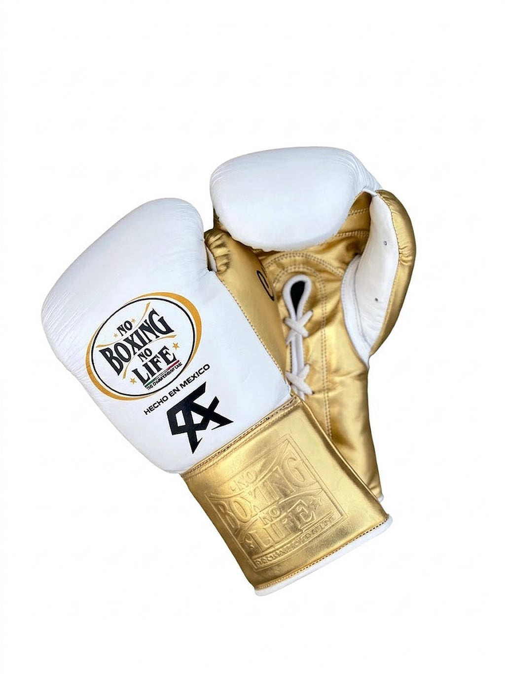 No Boxing No Life white Velcro boxing gloves with metallic gold strap cuff and black monogram - side view