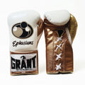Grant white lace-up boxing gloves with metallic bronze palm, gold cuff and sample Ephesians script print