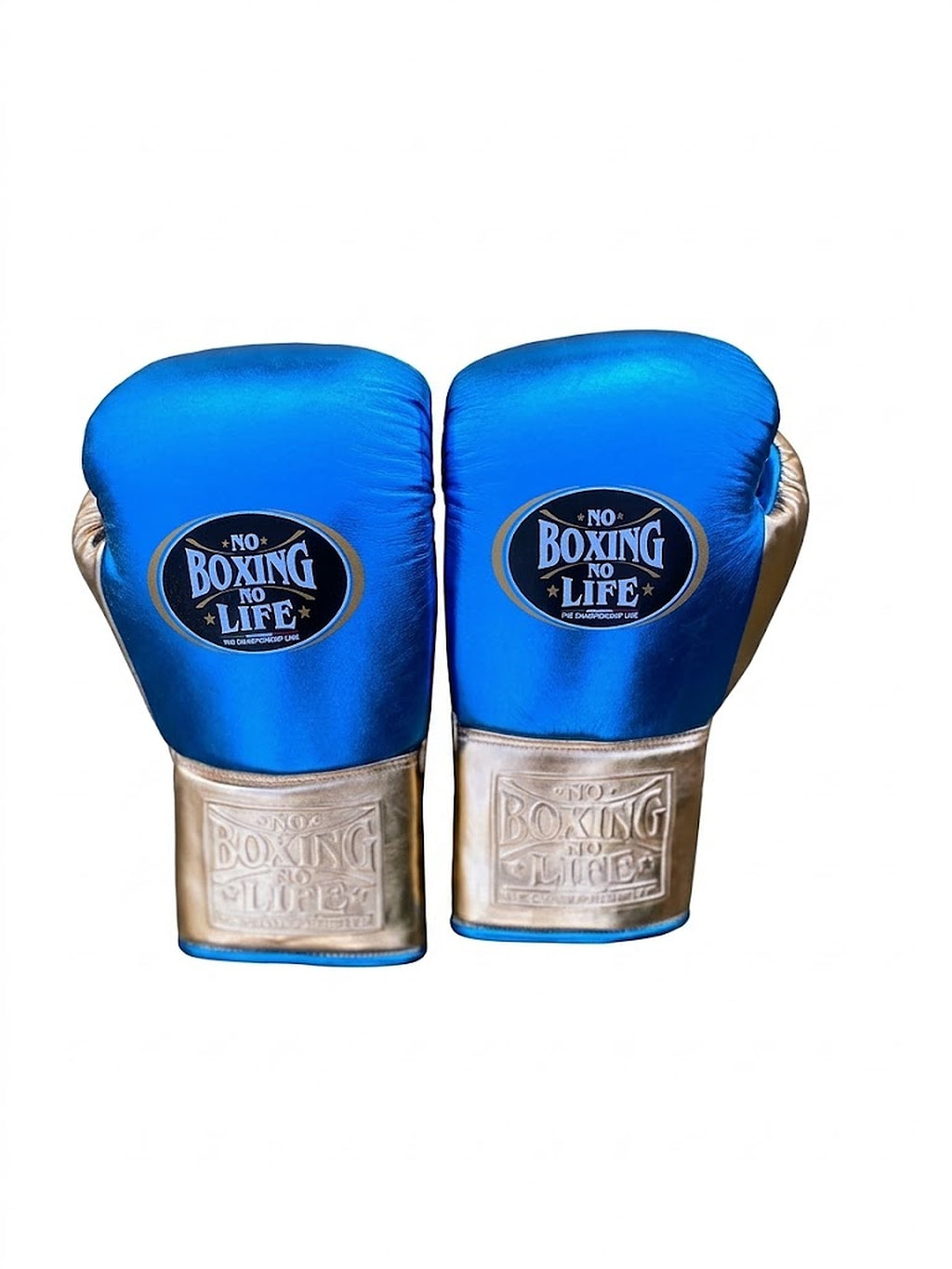 No Boxing No Life lace-up gloves, headgear and groin guard split in metallic royal blue and gold - palm and closure detail