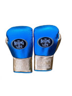 No Boxing No Life lace-up gloves, headgear and groin guard split in metallic royal blue and gold - palm and closure detail