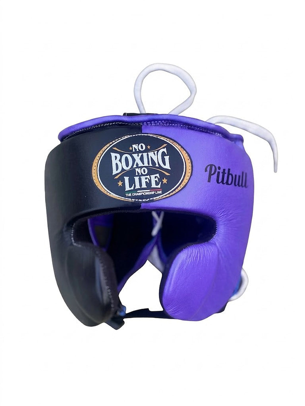 No Boxing No Life lavender purple boxing set with black accents: gloves, headgear and groin guard - palm and closure detail