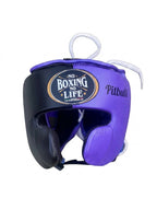 No Boxing No Life lavender purple boxing set with black accents: gloves, headgear and groin guard - palm and closure detail