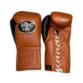 No Boxing No Life caramel tan lace-up boxing gloves with black thumb accent and white laces