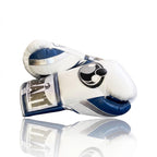 Grant boxing gloves with white back, navy blue palm and white laces, shown in lace-up fight style - side view