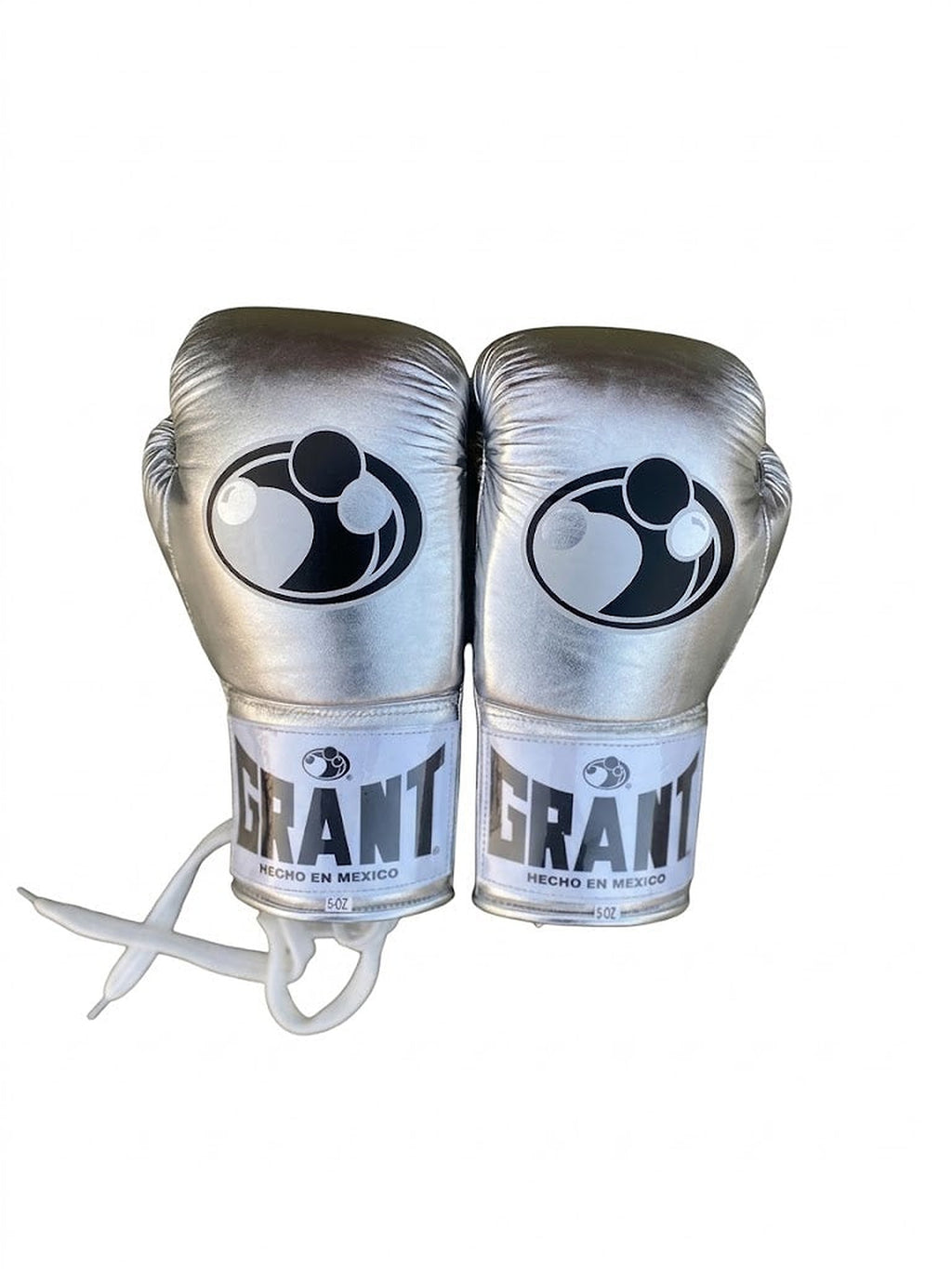 Grant lace-up boxing gloves in full chrome-silver metallic finish with white laces - alternate angle
