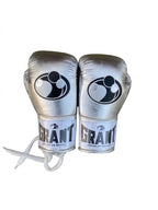 Grant lace-up boxing gloves in full chrome-silver metallic finish with white laces - alternate angle