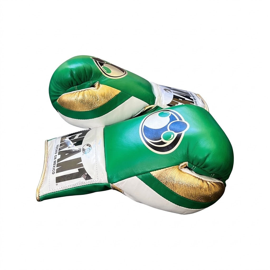 Grant kelly green lace-up boxing gloves with white thumb and white patch on the cuff - side view