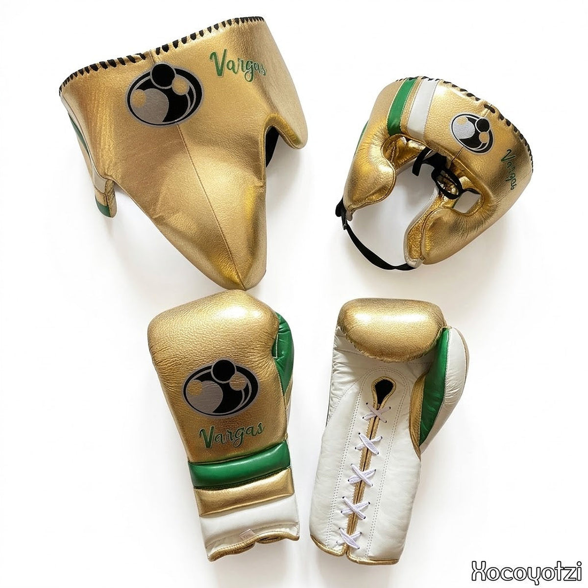 Grant metallic gold lace-up gloves, headgear and groin guard trimmed in green and white along the edges