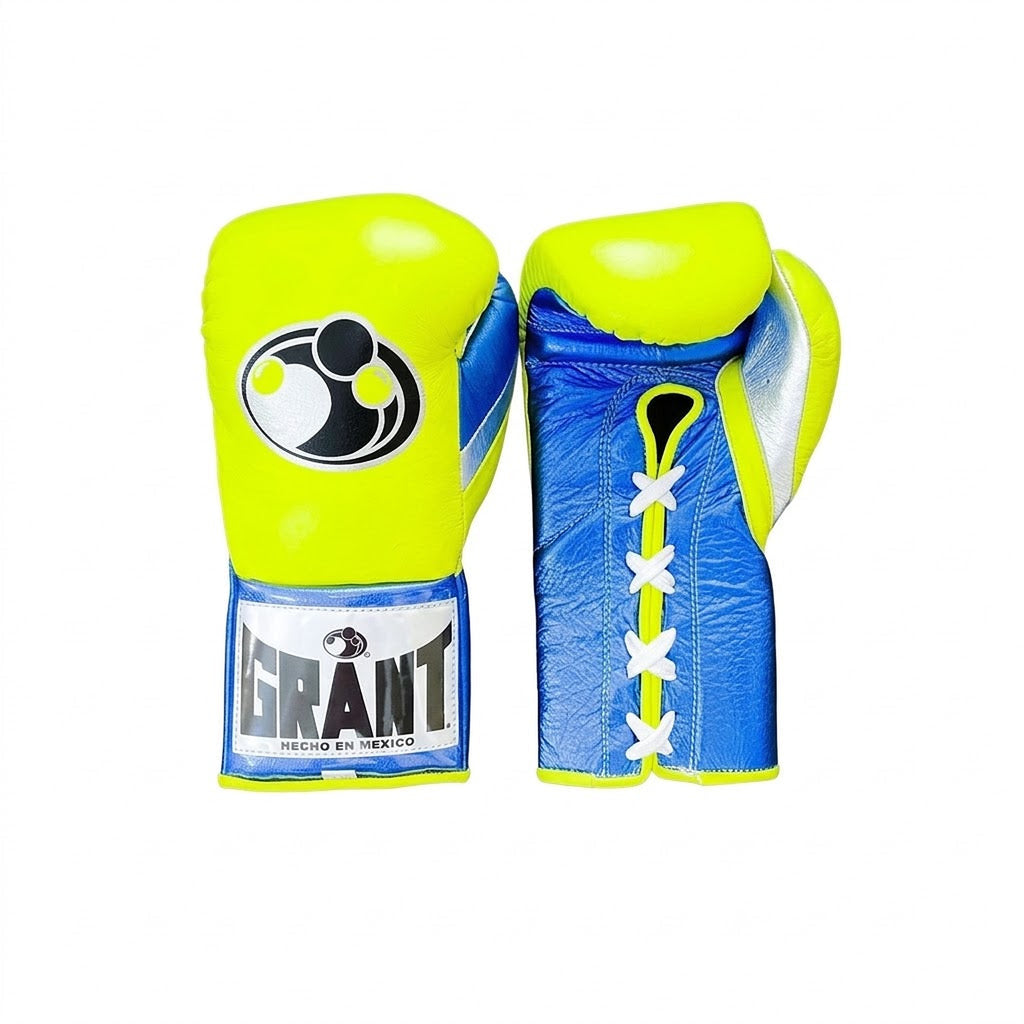 Small Grant boxing glove with fluorescent yellow back and royal blue palm in lace-up style