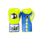 Small Grant boxing glove with fluorescent yellow back and royal blue palm in lace-up style