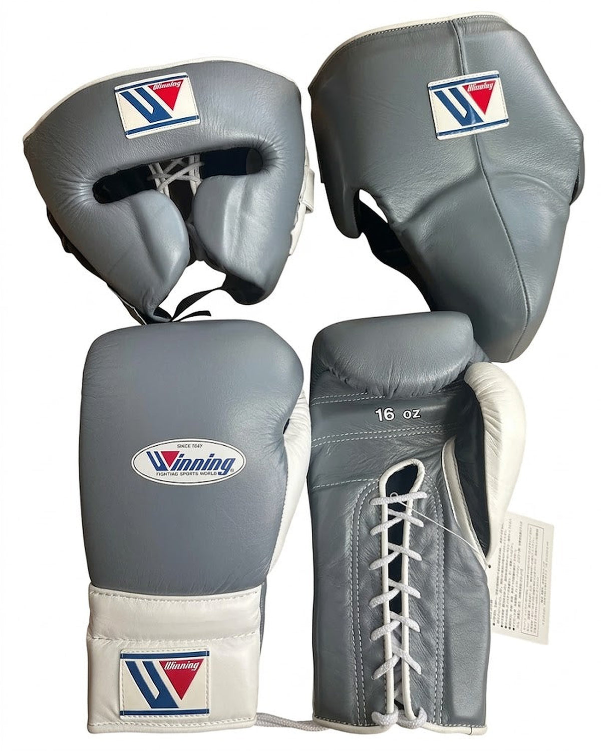 Winning gray boxing set with white cuff lace-up gloves, gray headgear and gray groin guard