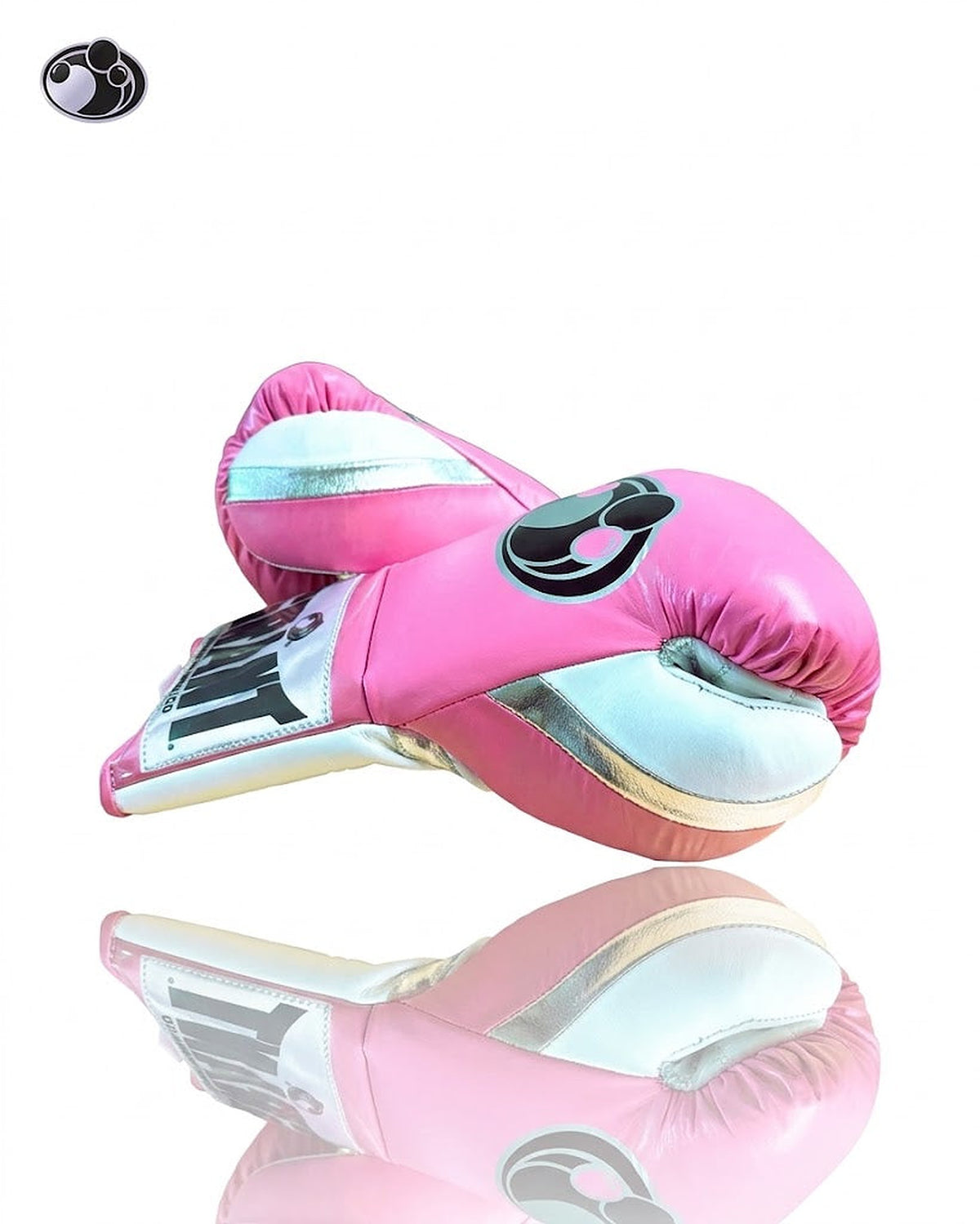 Grant pink lace-up boxing gloves with white palm and matching pink laces down the center - alternate angle