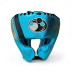 Grant metallic sky blue lace-up boxing gloves and matching headgear with gold accents and round Grant logo - alternate angle