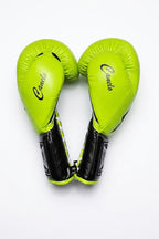 No Boxing No Life neon lime green Velcro boxing gloves with black strap area and script print