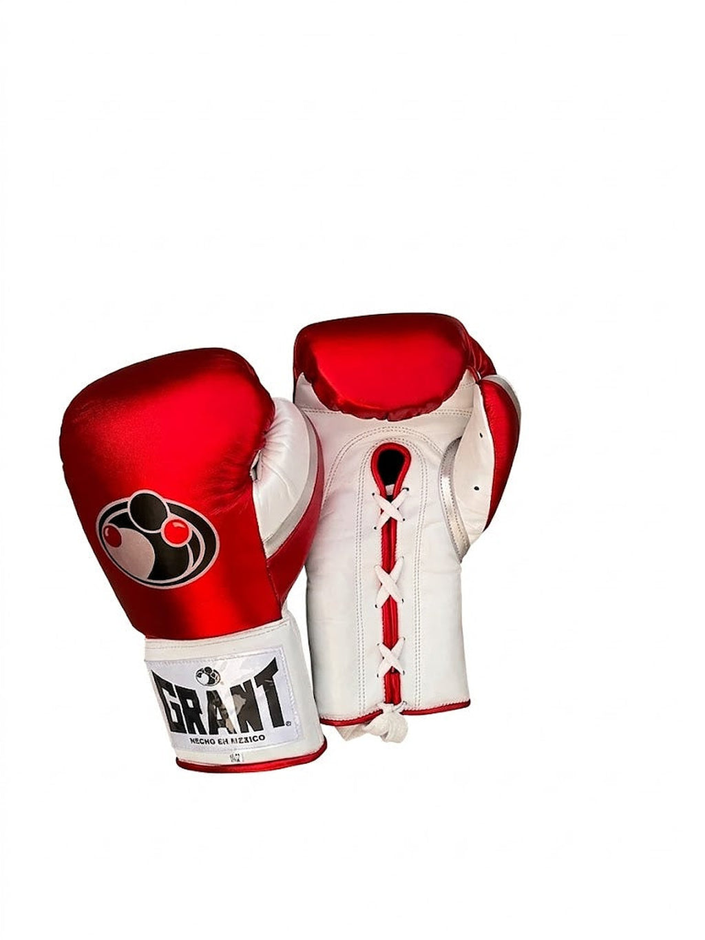 Grant boxing gloves with a metallic red back, white palm and red laces - palm and closure detail