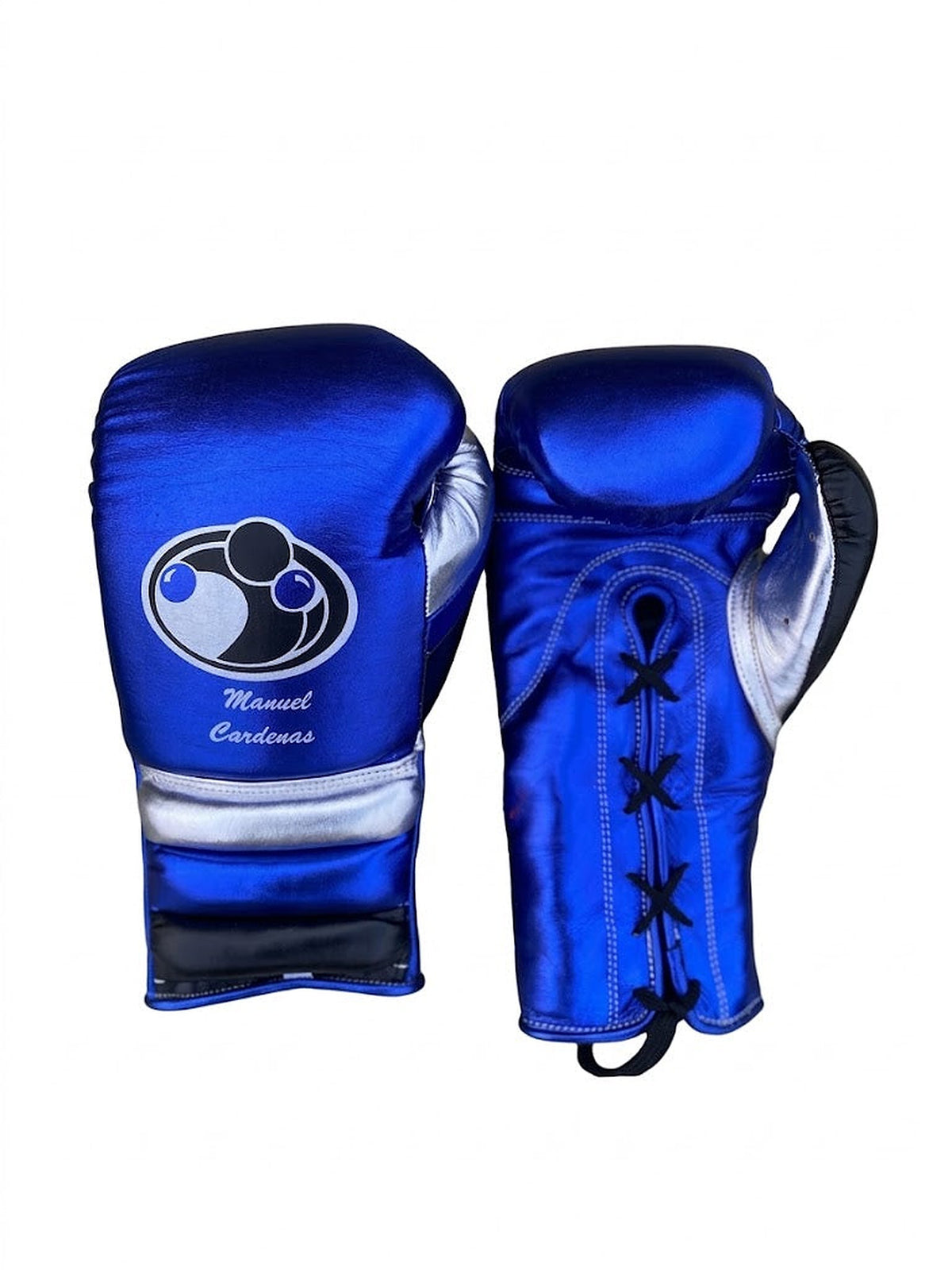 Grant metallic royal blue lace-up gloves, headgear and groin guard set with a sample name print - side view