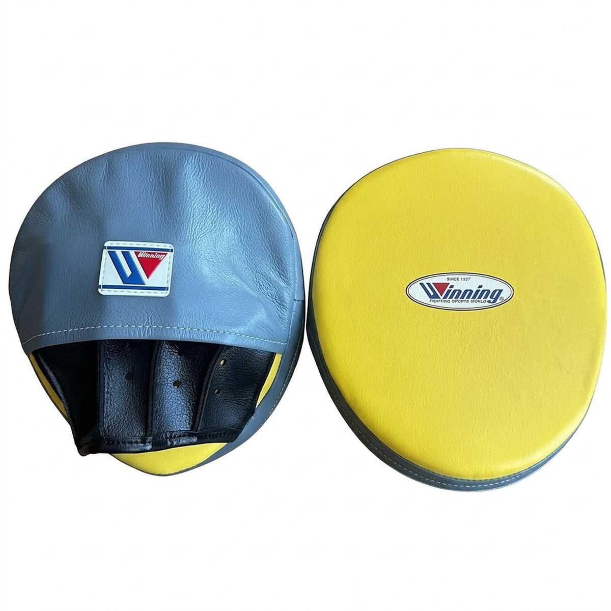 Winning curved focus mitts with yellow striking face, gray-blue back and black hand grip, as a pair
