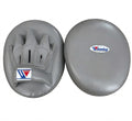 Winning full gray curved focus mitts in a single neutral gray tone, shown as a left and right pair
