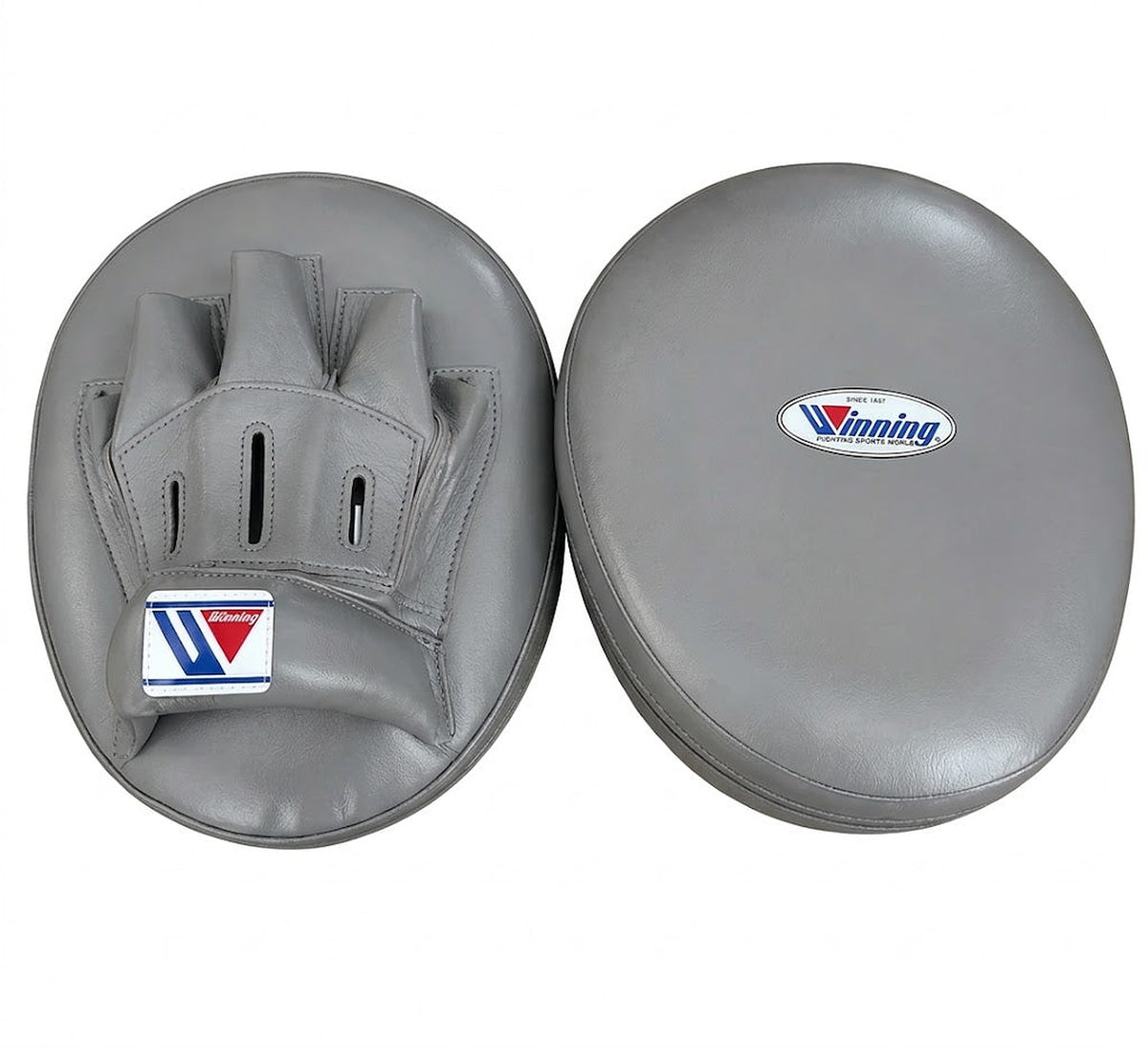 Winning full gray curved focus mitts in a single neutral gray tone, shown as a left and right pair
