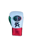 No Boxing No Life tricolor lace-up boxing gloves with white, red and green color-blocked panels - palm and closure detail