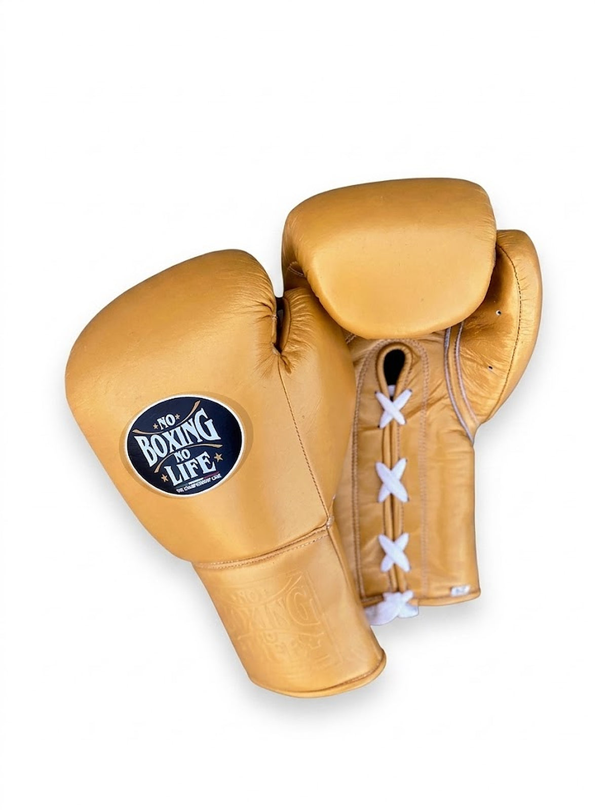 No Boxing No Life caramel tan boxing set: lace-up gloves, headgear and groin guard in one color - palm and closure detail