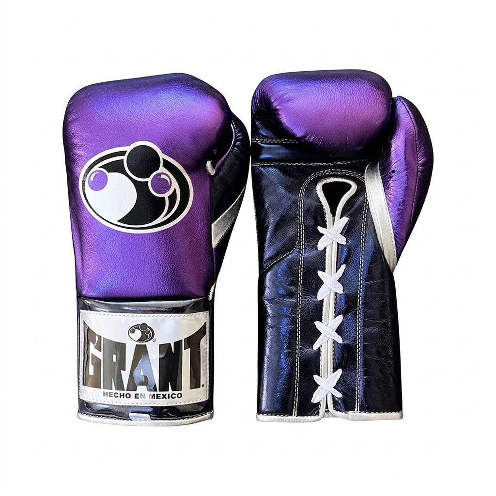 Grant boxing gloves with metallic violet back, black palm and black laces, shown in lace-up style
