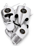 No Boxing No Life lace-up gloves, headgear and groin guard split metallic silver and white with oval logo