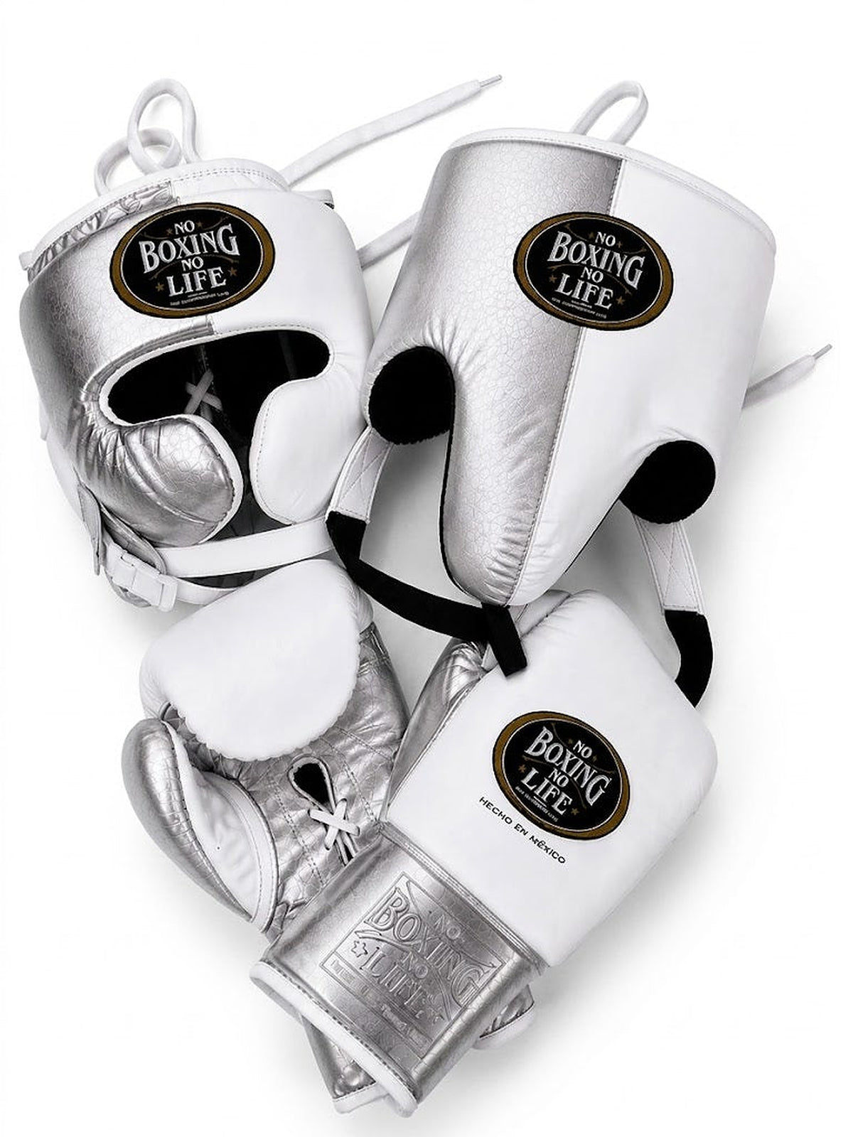 No Boxing No Life lace-up gloves, headgear and groin guard split metallic silver and white with oval logo
