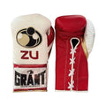 Grant lace-up boxing gloves with a cream back, red palm, white laces and sample ZU initials print