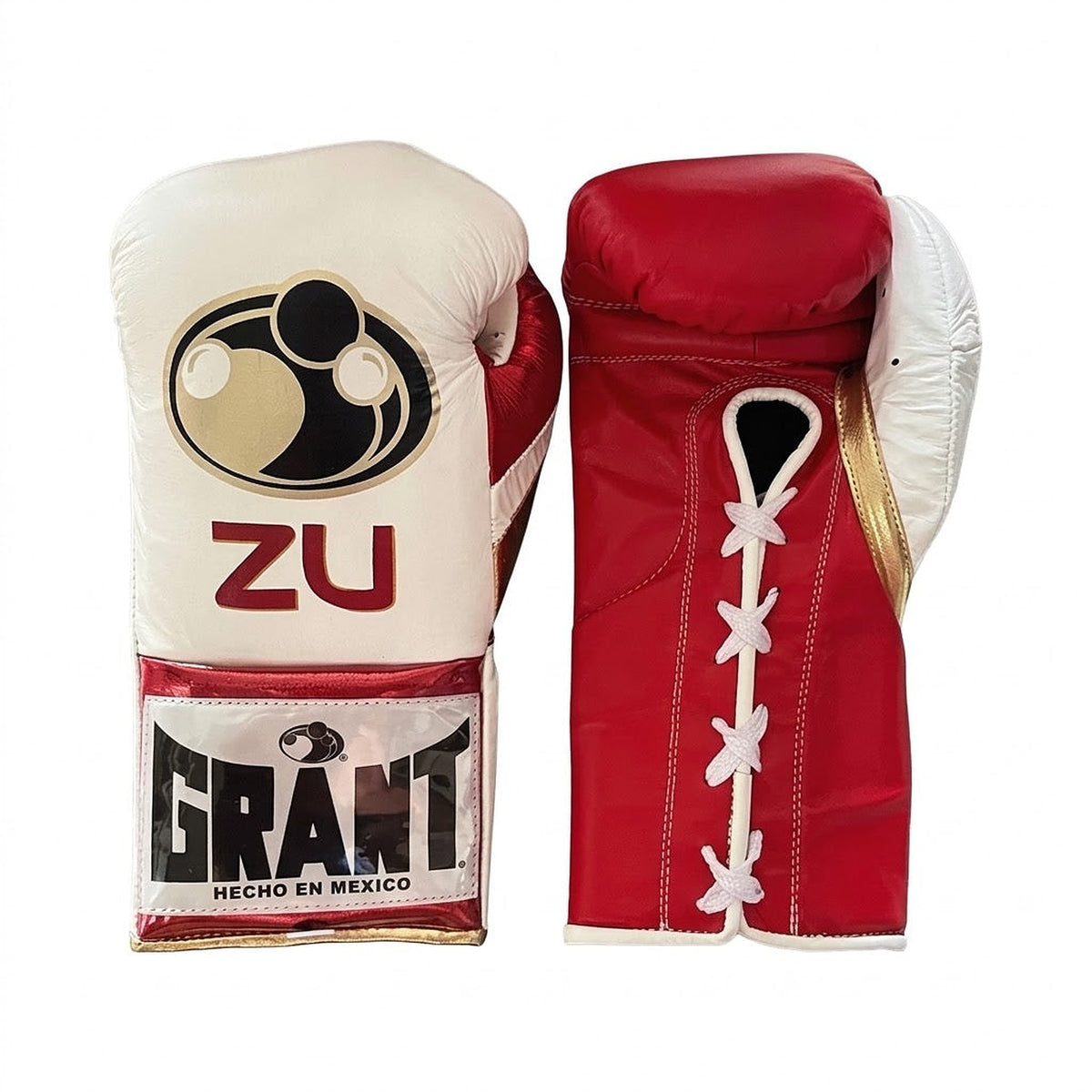 Grant lace-up boxing gloves with a cream back, red palm, white laces and sample ZU initials print