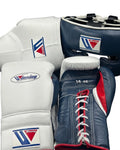 Winning white and navy boxing set with red accents, lace-up gloves, headgear and groin guard