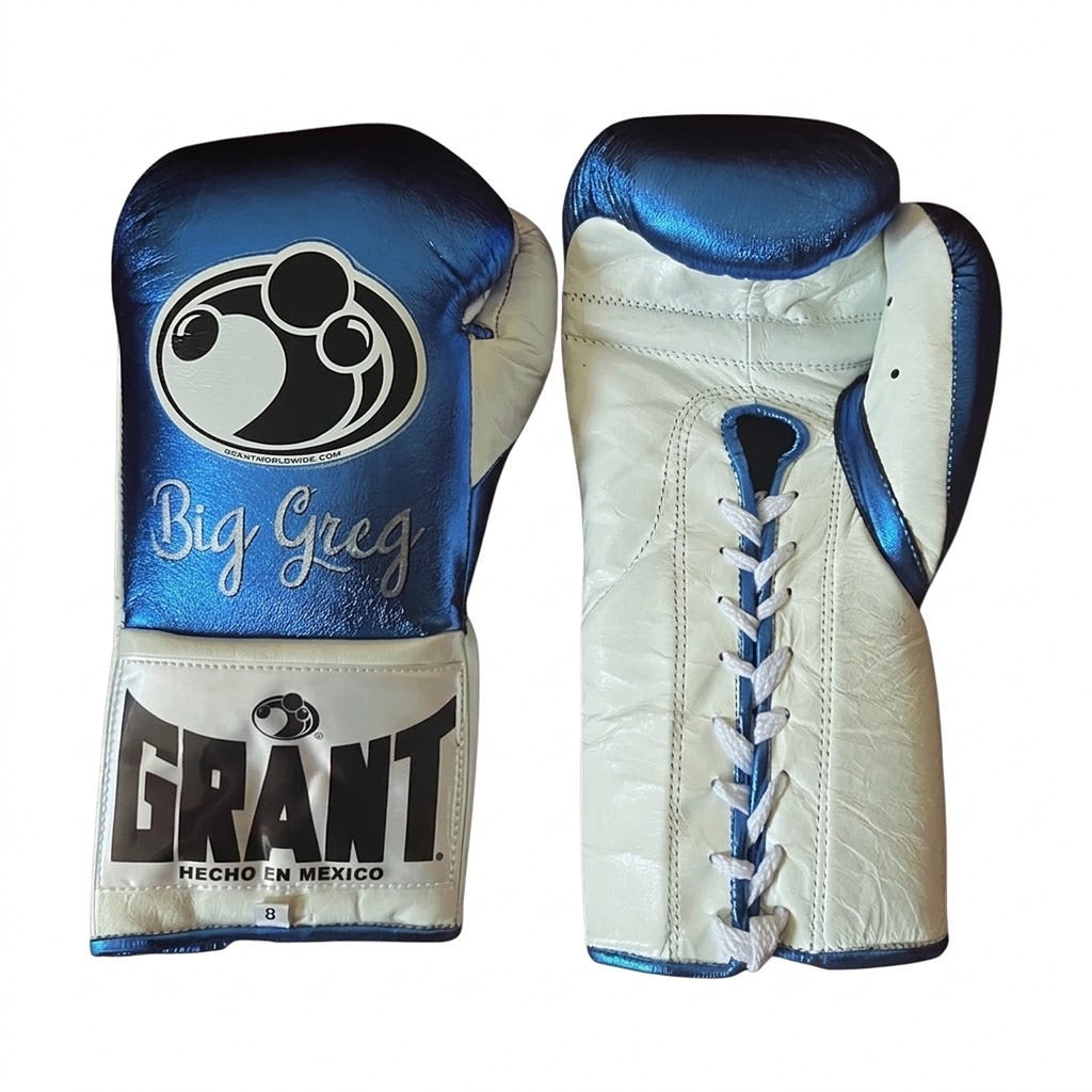 Grant boxing gloves in metallic navy with white palm, silver cuff patch and sample Big Greg script print