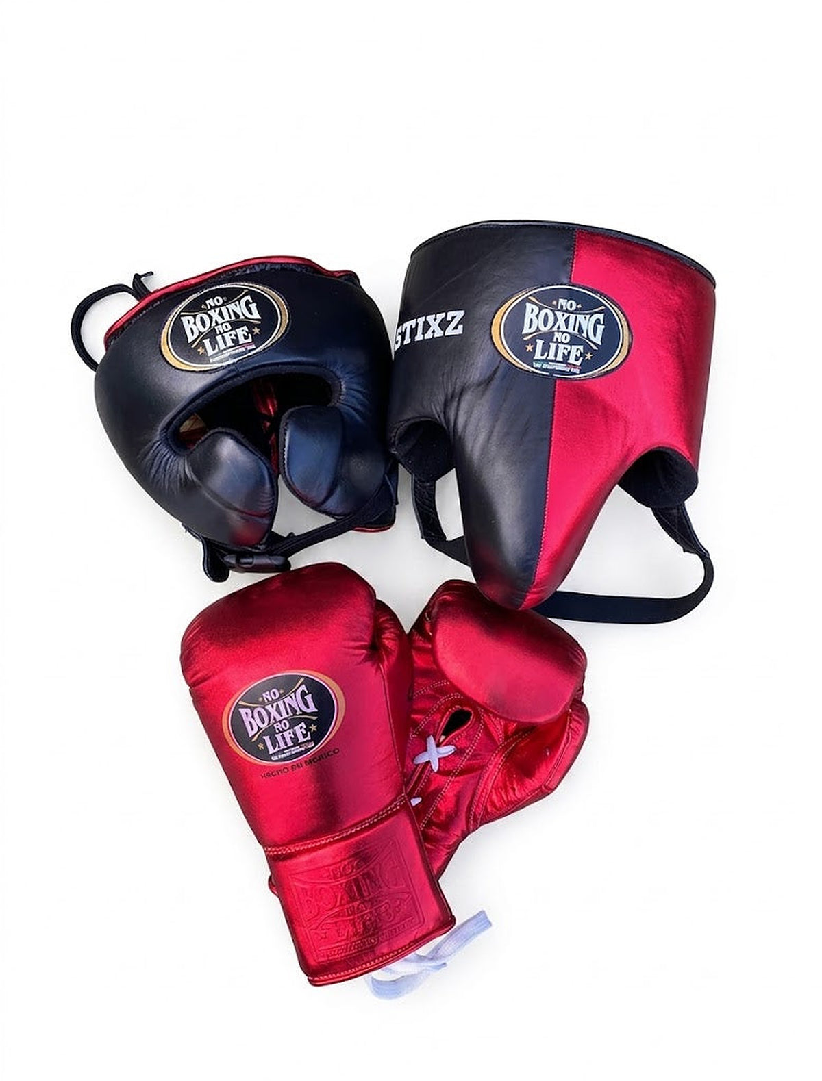 No Boxing No Life navy blue and metallic red lace-up gloves with matching headgear and groin guard