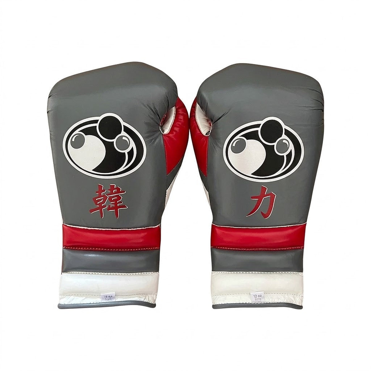 Grant metallic silver-gray lace-up gloves and headgear with red cuff trim and decorative character print - side view