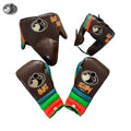Grant brown lace-up boxing gloves, headgear and groin guard with orange, green and red striped cuffs