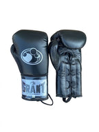 Grant full black lace-up boxing gloves with black laces and white logo on the cuff patch - palm and closure detail