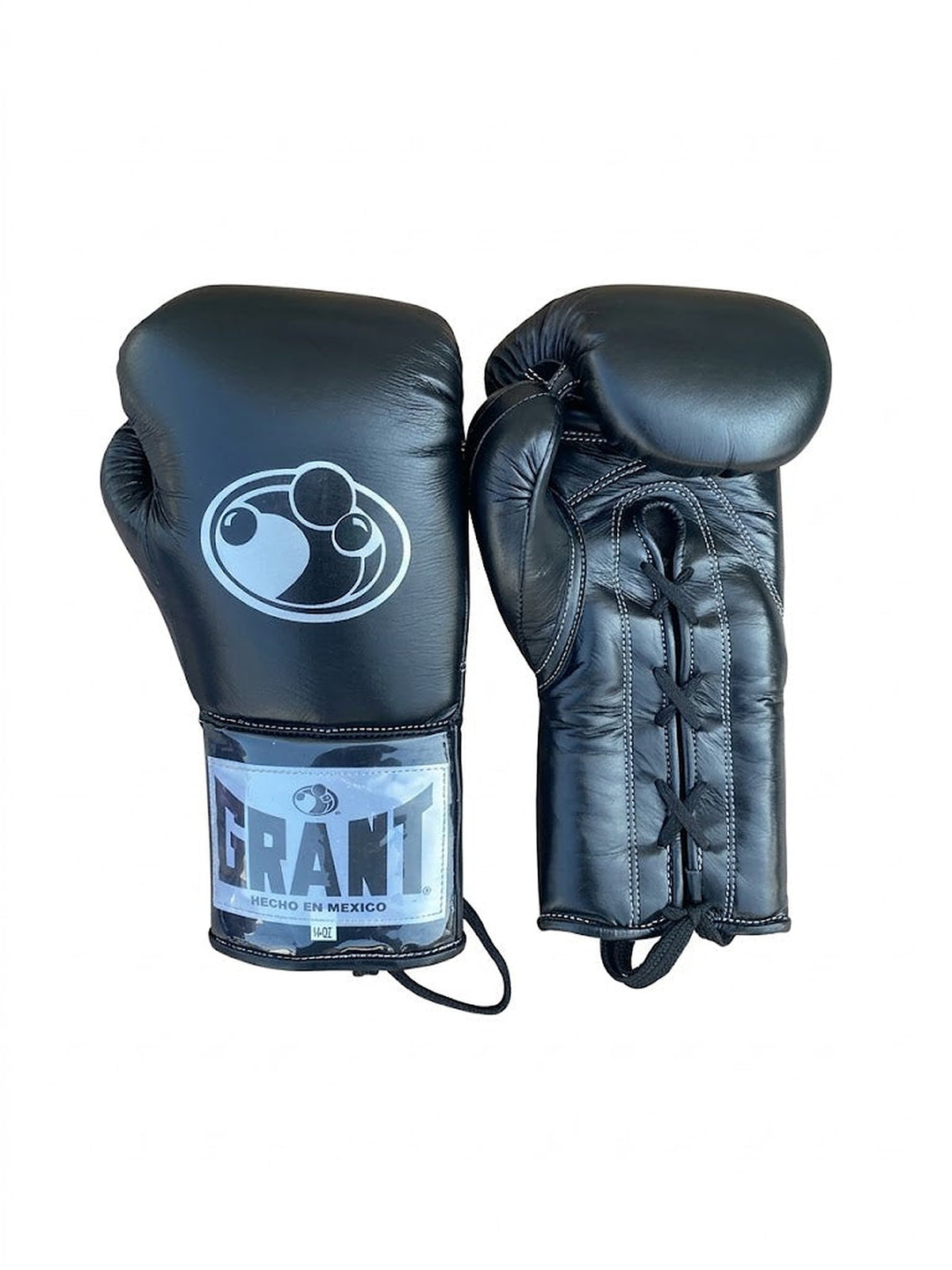 Grant full black lace-up boxing gloves with black laces and white logo on the cuff patch - palm and closure detail