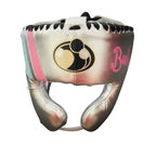 Grant metallic silver lace-up gloves, headgear and groin guard with pink and light blue accents - palm and closure detail
