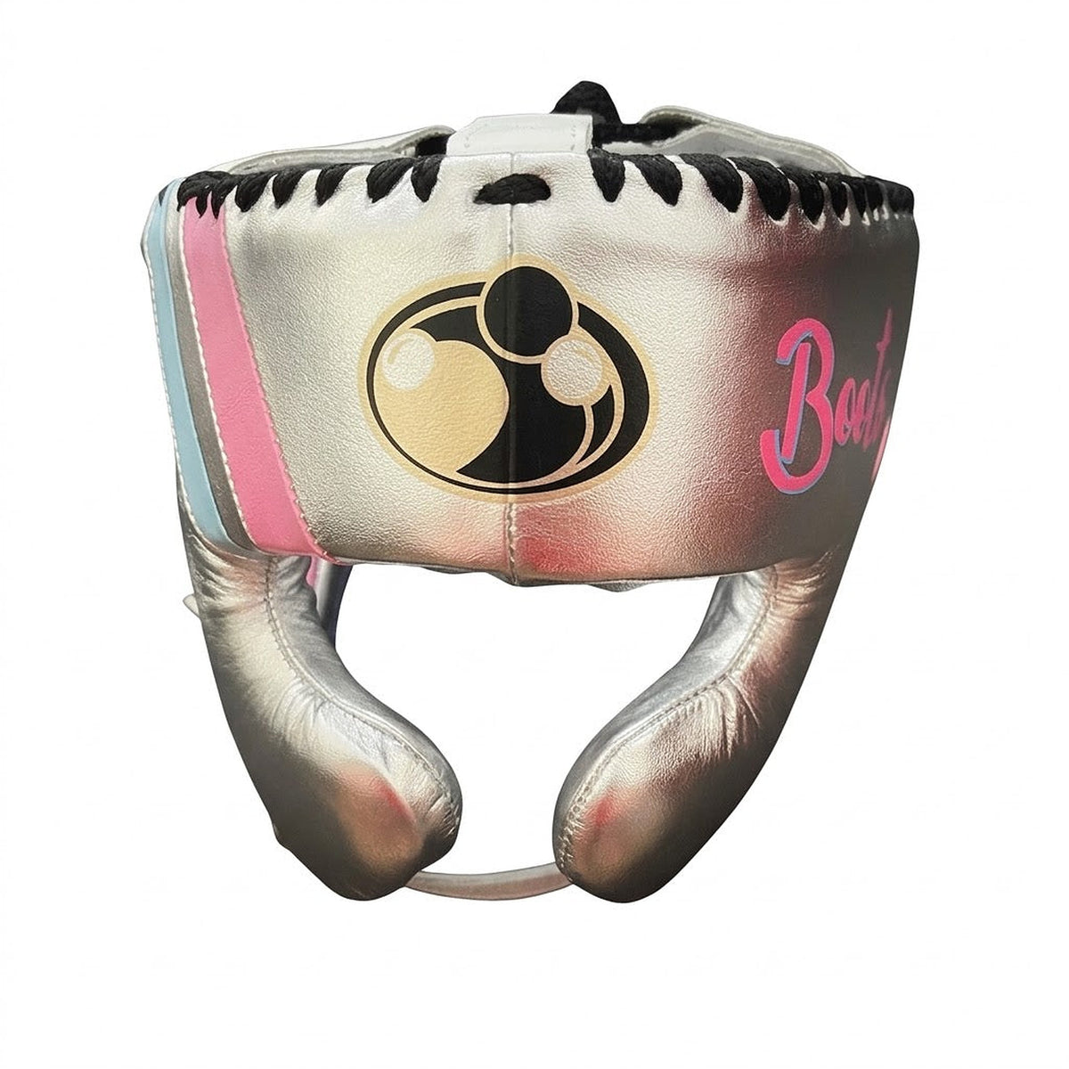 Grant metallic silver lace-up gloves, headgear and groin guard with pink and light blue accents - palm and closure detail