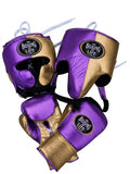 No Boxing No Life lace-up boxing gloves, headgear and groin guard split half metallic purple and half gold