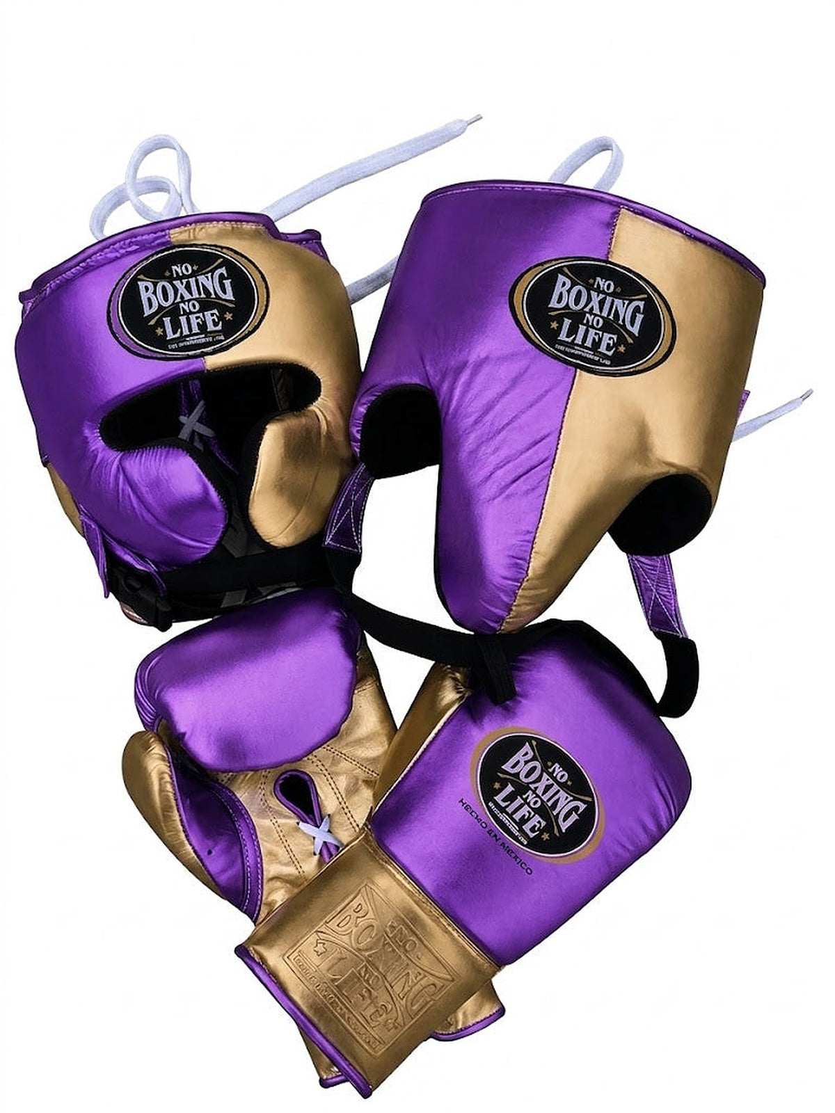 No Boxing No Life lace-up boxing gloves, headgear and groin guard split half metallic purple and half gold