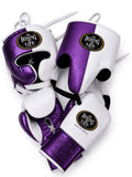 No Boxing No Life boxing set split metallic purple and white, lace-up gloves, headgear and groin guard