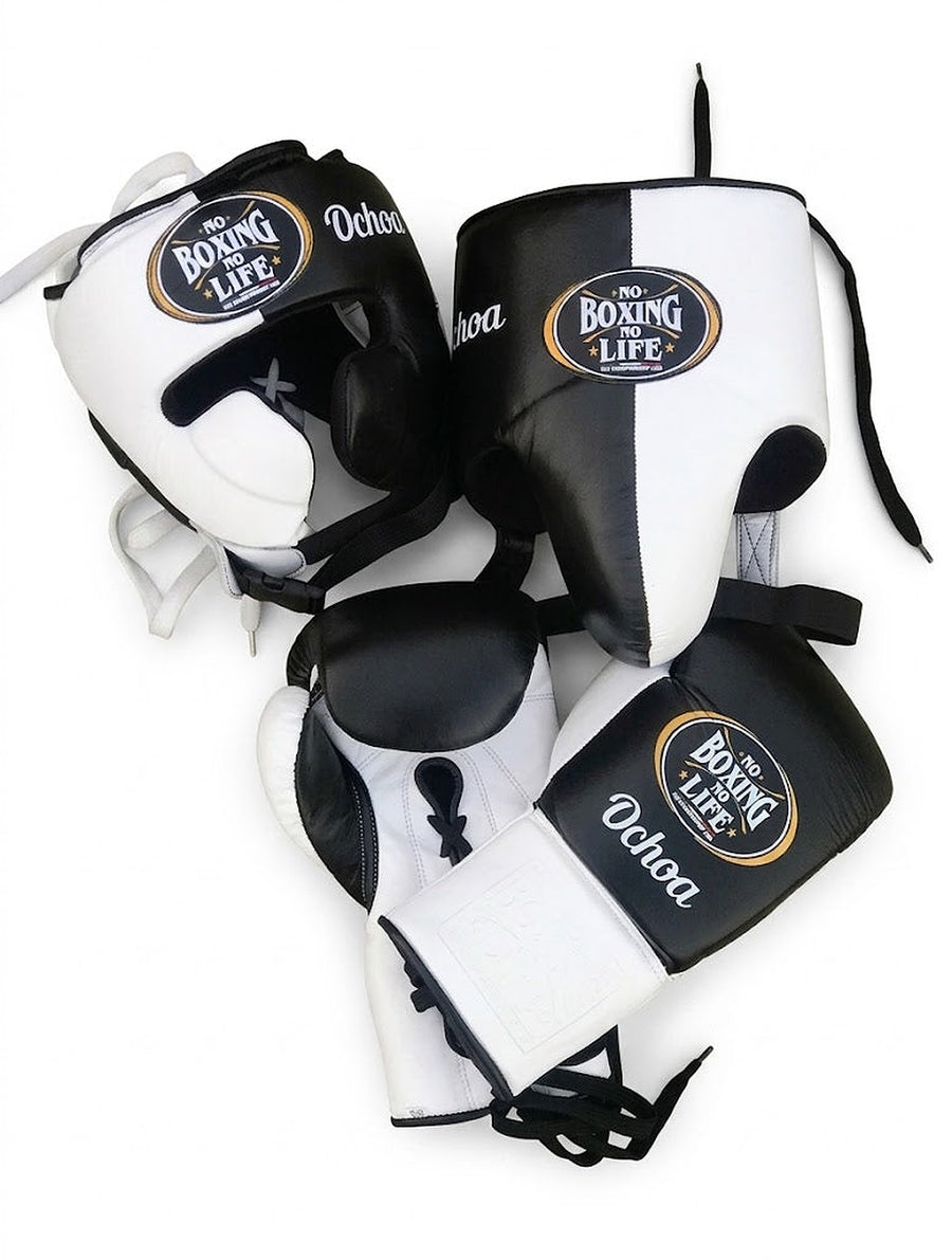 No Boxing No Life three-piece set split black and white, lace-up gloves, headgear and groin guard shown