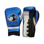 Grant metallic blue boxing set with silver trim on lace-up gloves and matching headgear - side view