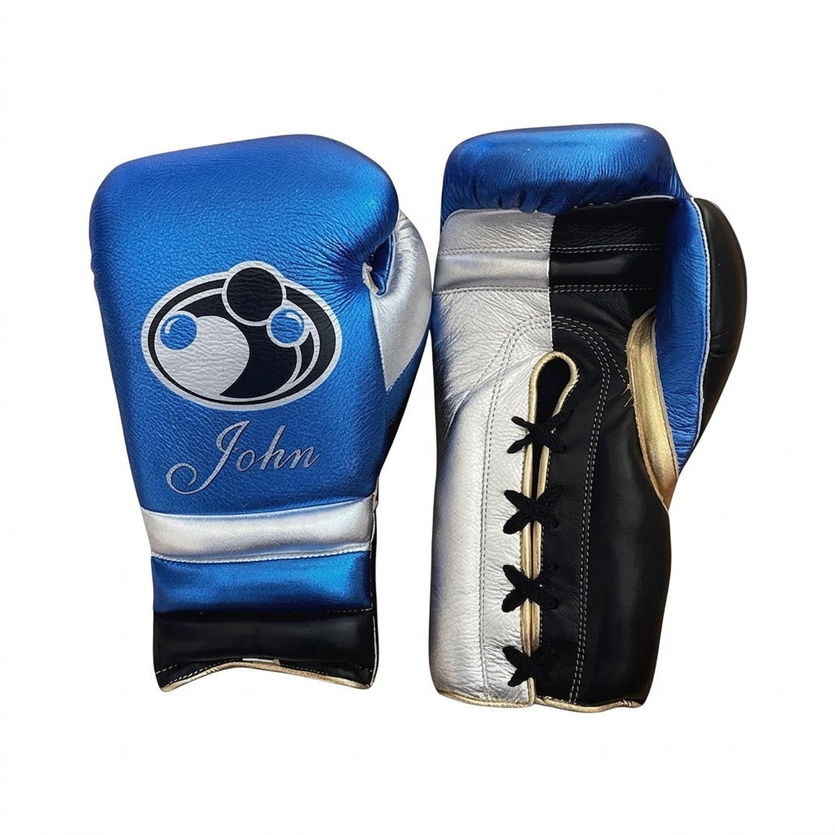 Grant metallic blue boxing set with silver trim on lace-up gloves and matching headgear - side view