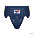 Winning navy groin guard with yellow piping along the edges, wide waistband and padded cup