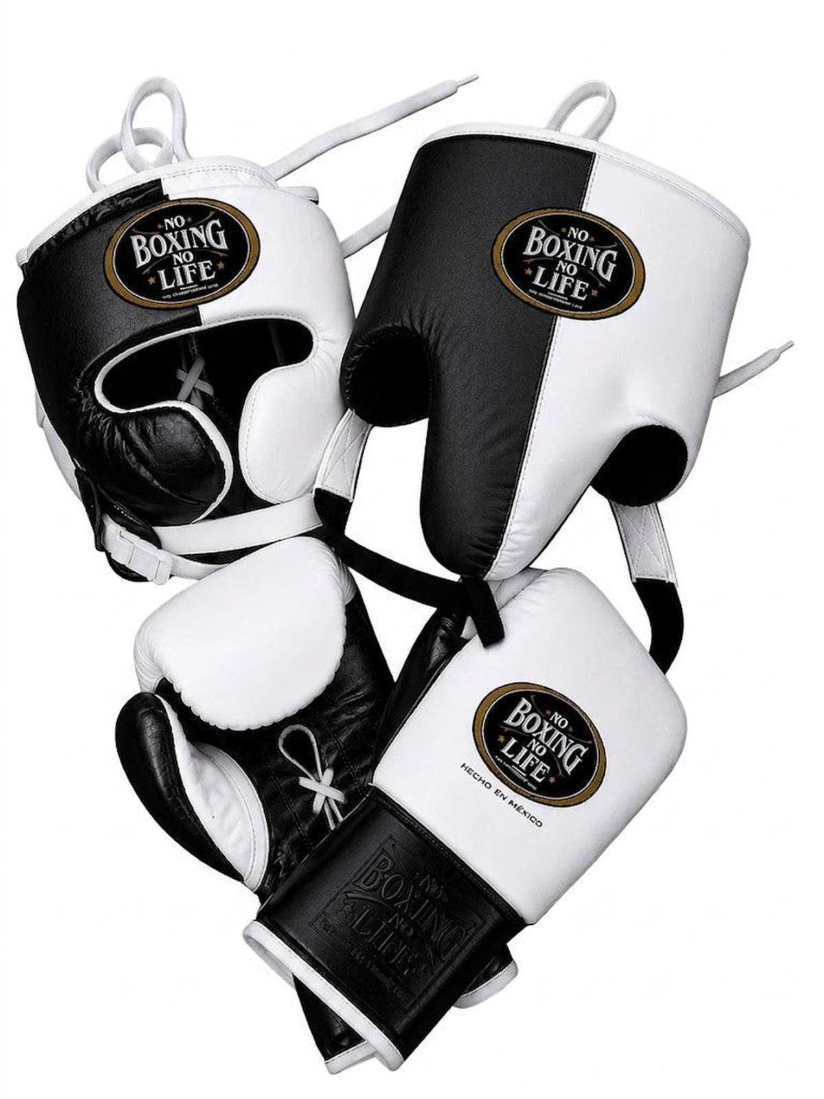 No Boxing No Life monochrome boxing set split black and white, lace-up gloves with headgear and groin guard