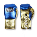 No Boxing No Life Metallic Blue Lace-Up Gloves, White Laces