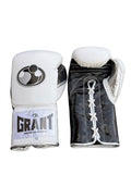 Grant boxing gloves with white back, black palm and white laces, classic two-tone lace-up design