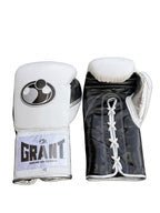 Grant boxing gloves with white back, black palm and white laces, classic two-tone lace-up design